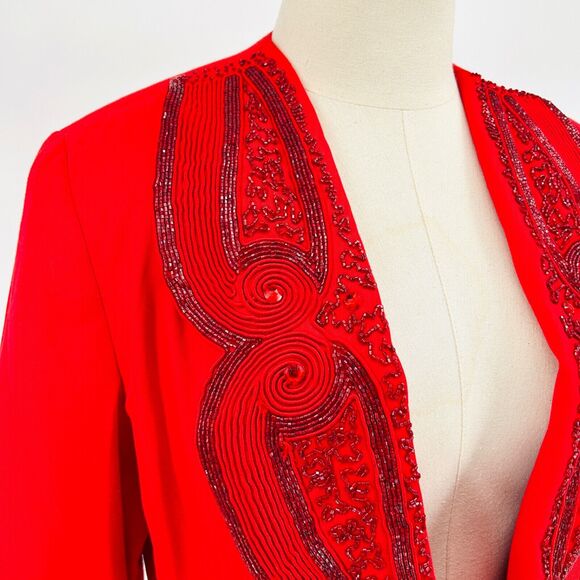 Vintage 80s Chancelle Linen Red Beaded Statement Made in Hong Kong Blazer - Picture 2 of 9